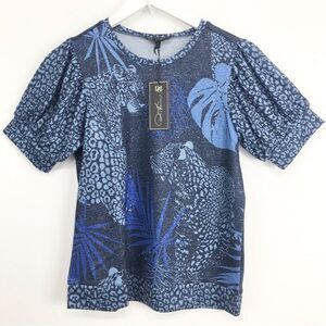 DG2 Diane Gilman Blue Leopard Tropical Print Sparkle Knit Puff Short Sleeve Top